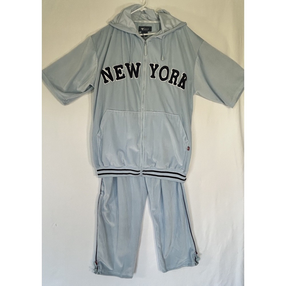 Vtg Delf New York USA Tracksuit Set Hoodie Pants Blue Large Men's Velour Y2K